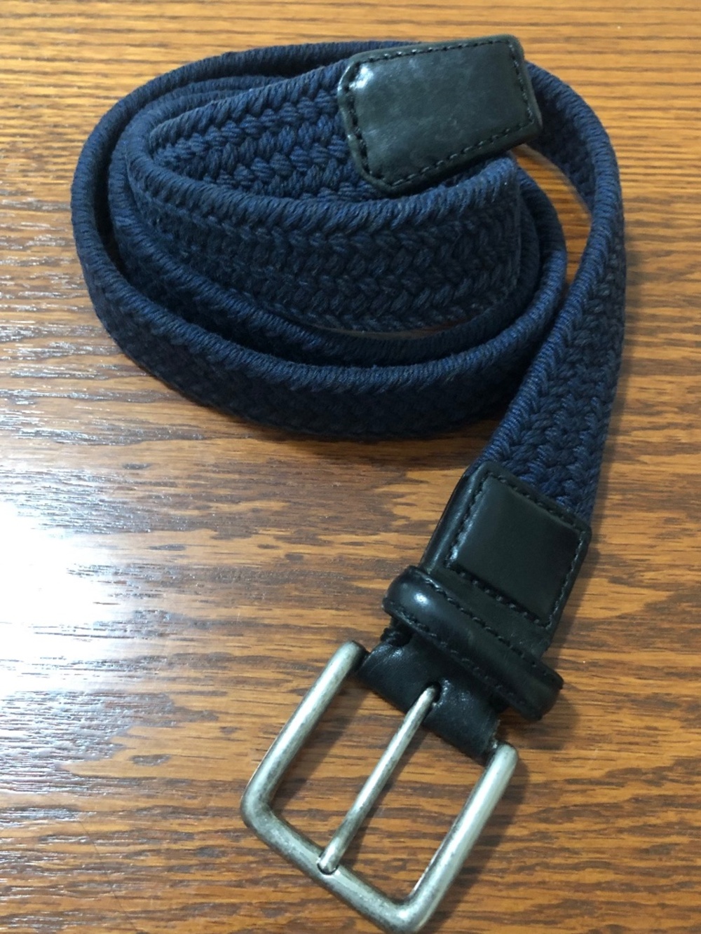 XXXL navy braided woven belt with leather tab and trim silver buckle